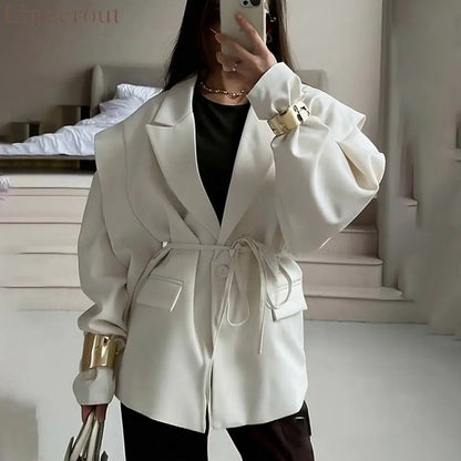 Oversized belted blazer with puff sleeves – Modern and sophisticated elegance - White / S