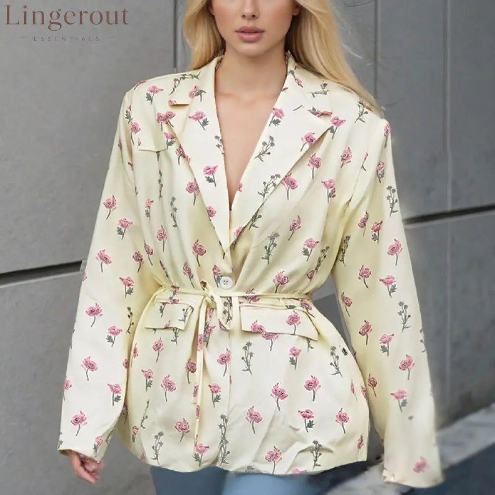 Oversized belted blazer with puff sleeves – Modern and sophisticated elegance - Yellow Floral / S