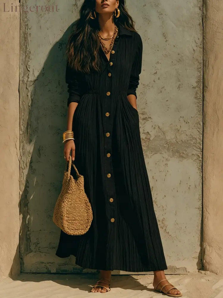 Oversized Crinkled Button Down Shirt Maxi Dress - Black / S