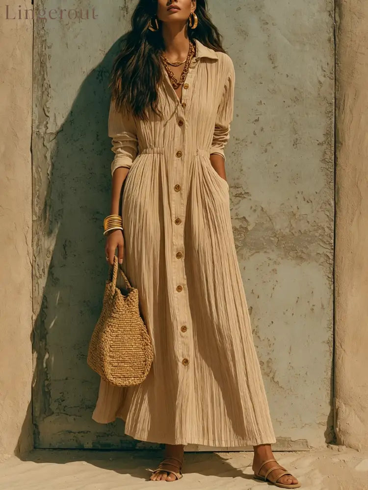 Oversized Crinkled Button Down Shirt Maxi Dress - Khaki / S