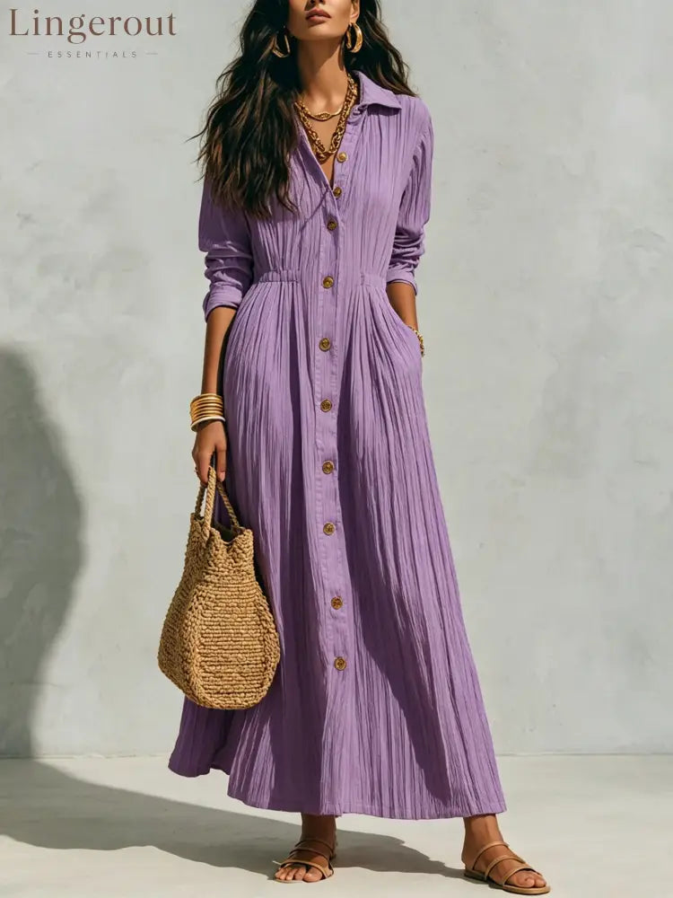 Oversized Crinkled Button Down Shirt Maxi Dress - Violet / S