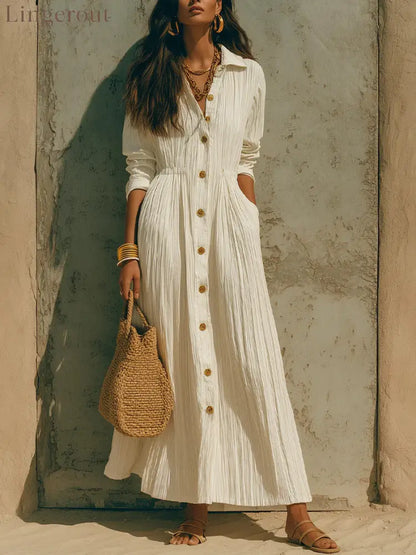 Oversized Crinkled Button Down Shirt Maxi Dress - White / S