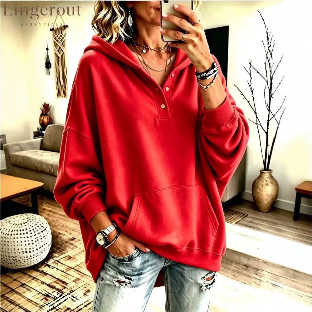 Oversized Half Button Henley Hoodie With Front Kangaroo Pocket