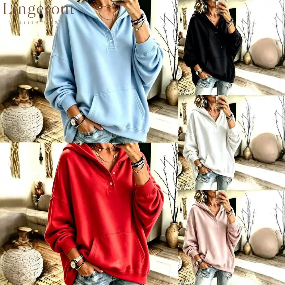 Oversized Half Button Henley Hoodie With Front Kangaroo Pocket
