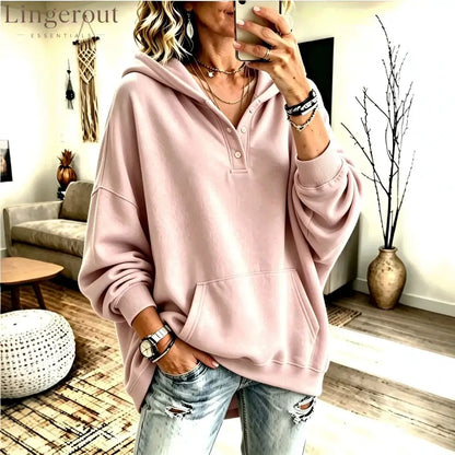 Oversized Half Button Henley Hoodie With Front Kangaroo Pocket