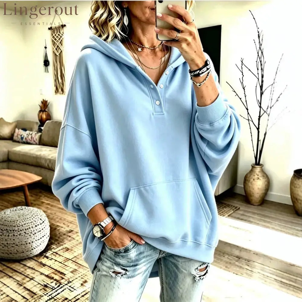 Oversized Half Button Henley Hoodie With Front Kangaroo Pocket