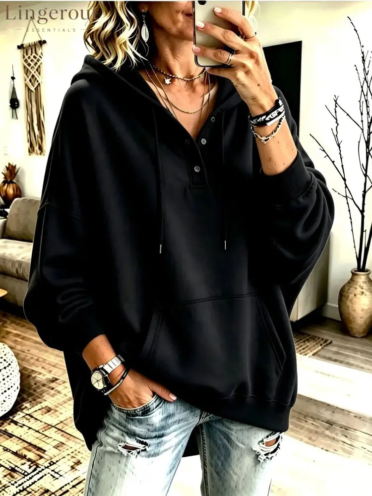 Oversized Half Button Henley Hoodie With Front Kangaroo Pocket - Black / S