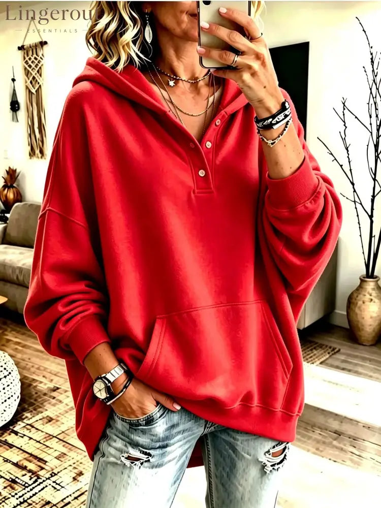 Oversized Half Button Henley Hoodie With Front Kangaroo Pocket - Red / S