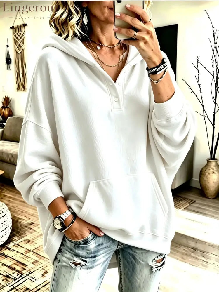 Oversized Half Button Henley Hoodie With Front Kangaroo Pocket - White / S