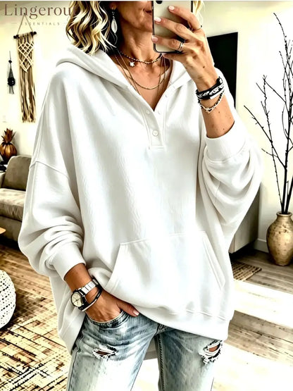 Oversized Half Button Henley Hoodie With Front Kangaroo Pocket - White / S