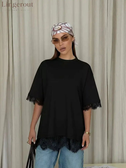 Oversized Lace Splicing Tee - Black / XS
