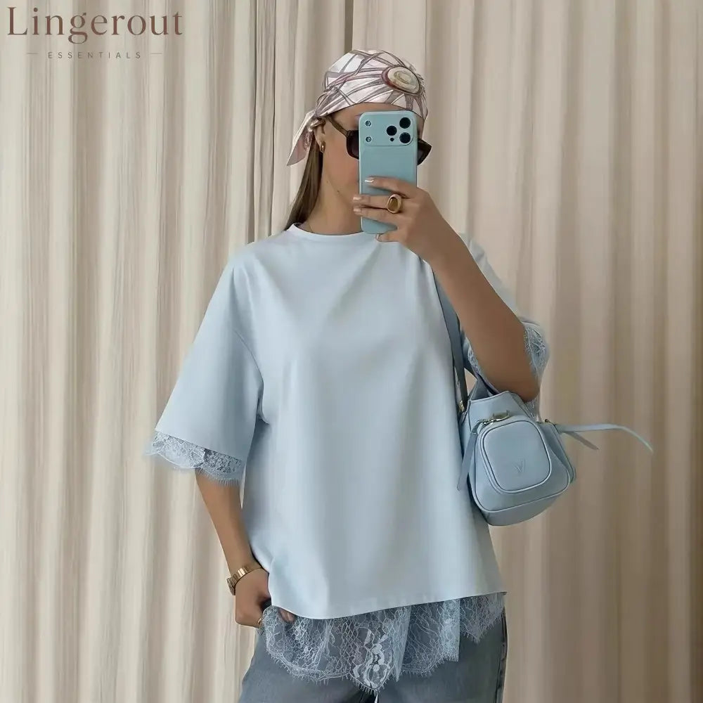 Oversized Lace Splicing Tee - Light blue / XS