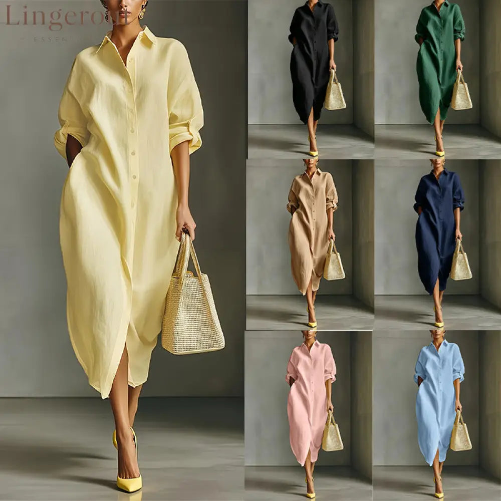 Oversized Linen Blend Midi Shirt Dress