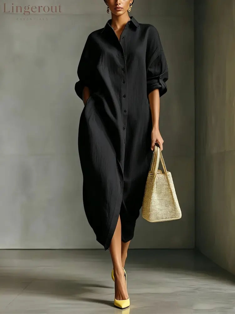 Oversized Linen Blend Midi Shirt Dress - Black / S