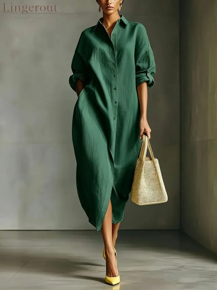 Oversized Linen Blend Midi Shirt Dress - Green / S