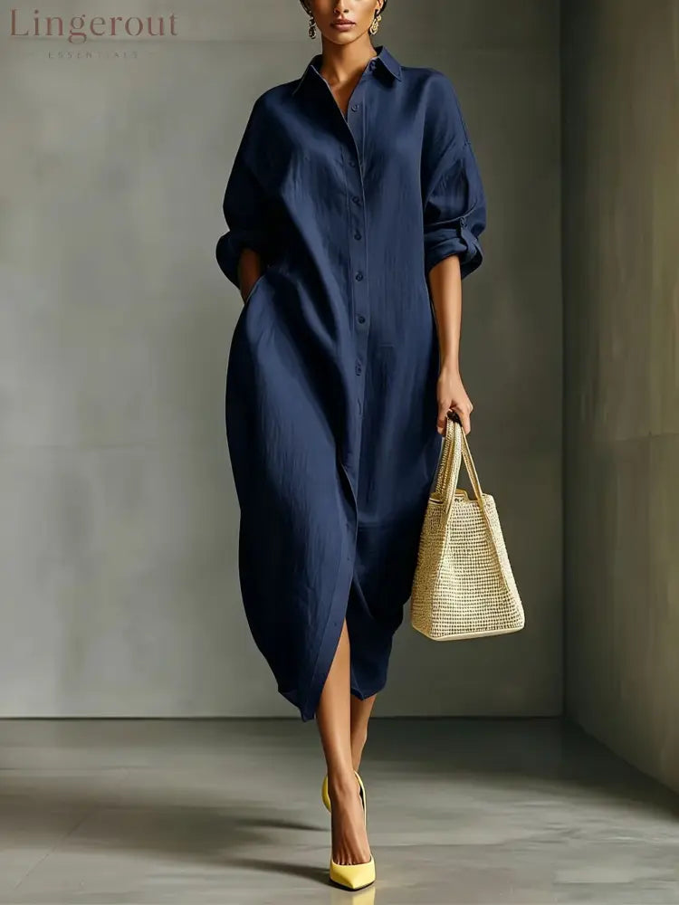 Oversized Linen Blend Midi Shirt Dress - Navy blue / S