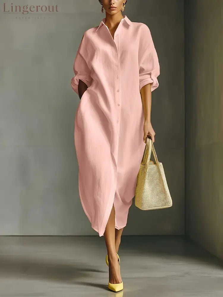 Oversized Linen Blend Midi Shirt Dress - Pink / S