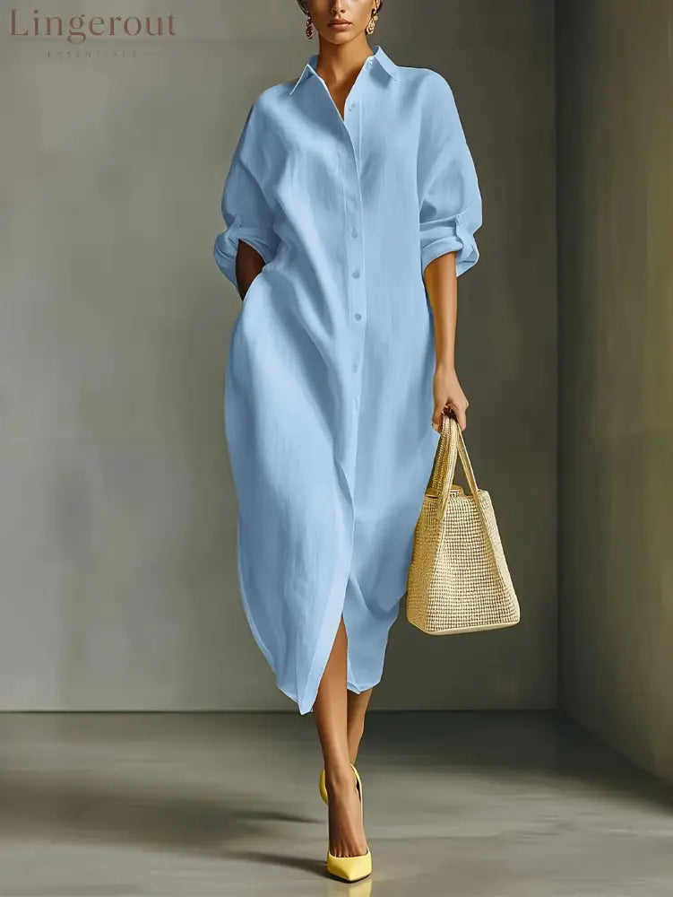 Oversized Linen Blend Midi Shirt Dress - Sky blue / S