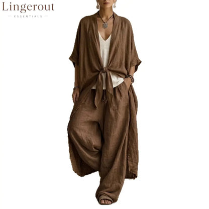 Oversized Linen Kimono & Wide Leg Pants Two-Piece Set