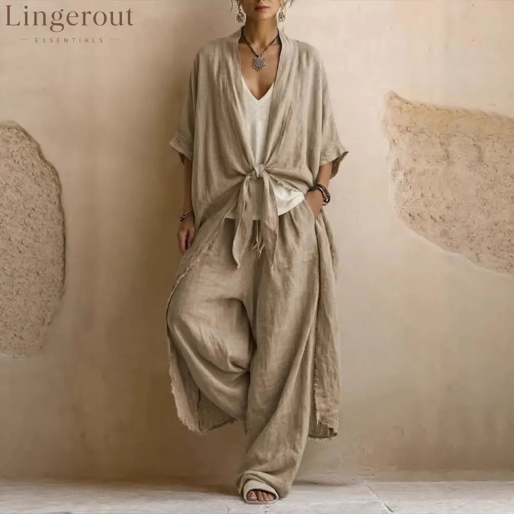 Oversized Linen Kimono & Wide Leg Pants Two-Piece Set