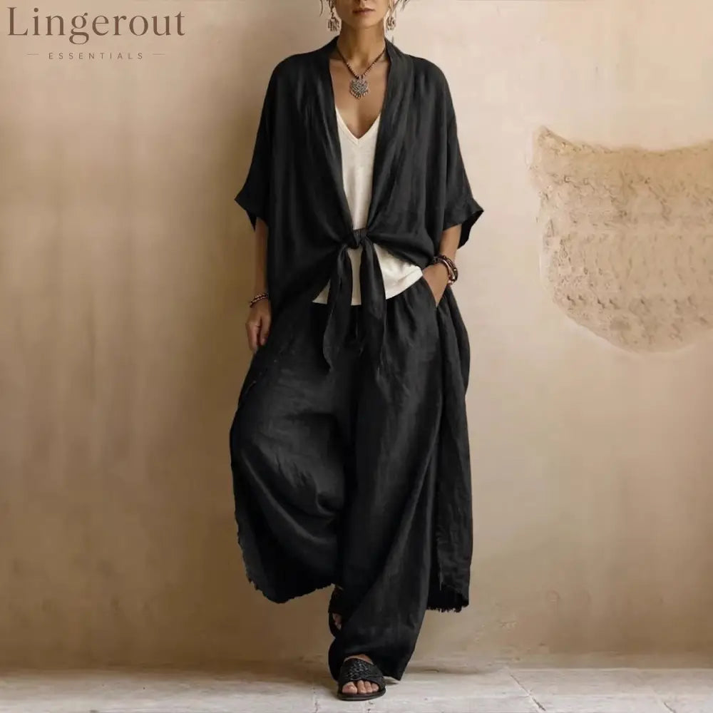 Oversized Linen Kimono & Wide Leg Pants Two-Piece Set