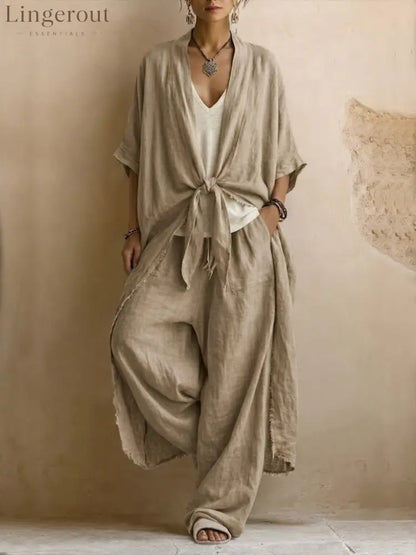 Oversized Linen Kimono & Wide Leg Pants Two-Piece Set - Apricot / S