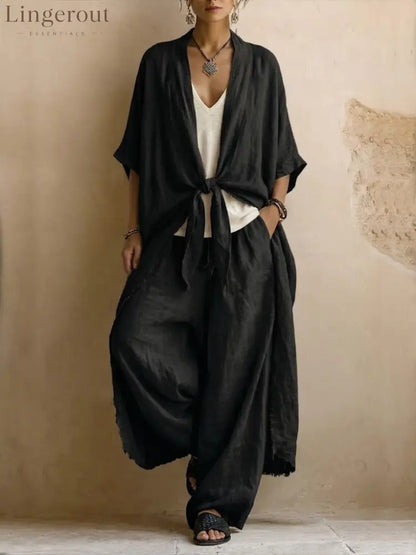 Oversized Linen Kimono & Wide Leg Pants Two-Piece Set - Black / S