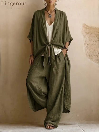 Oversized Linen Kimono & Wide Leg Pants Two-Piece Set - Olive green / S