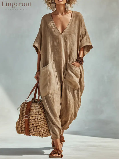 Oversized Linen-look Cotton V-neck Harem Jumpsuit - Khaki / S