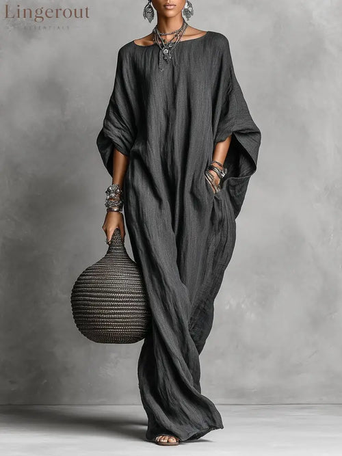 Oversized Linen Maxi Kaftan Dress - Black / S