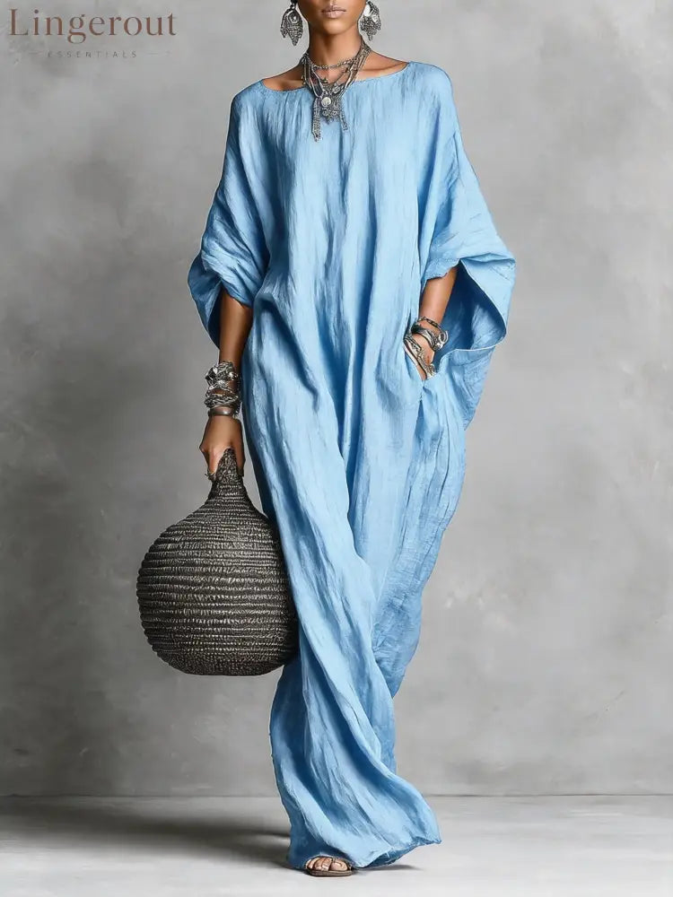 Oversized Linen Maxi Kaftan Dress - Blue / S