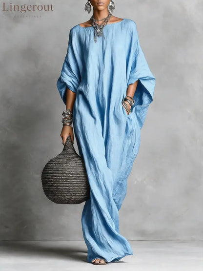 Oversized Linen Maxi Kaftan Dress - Blue / S