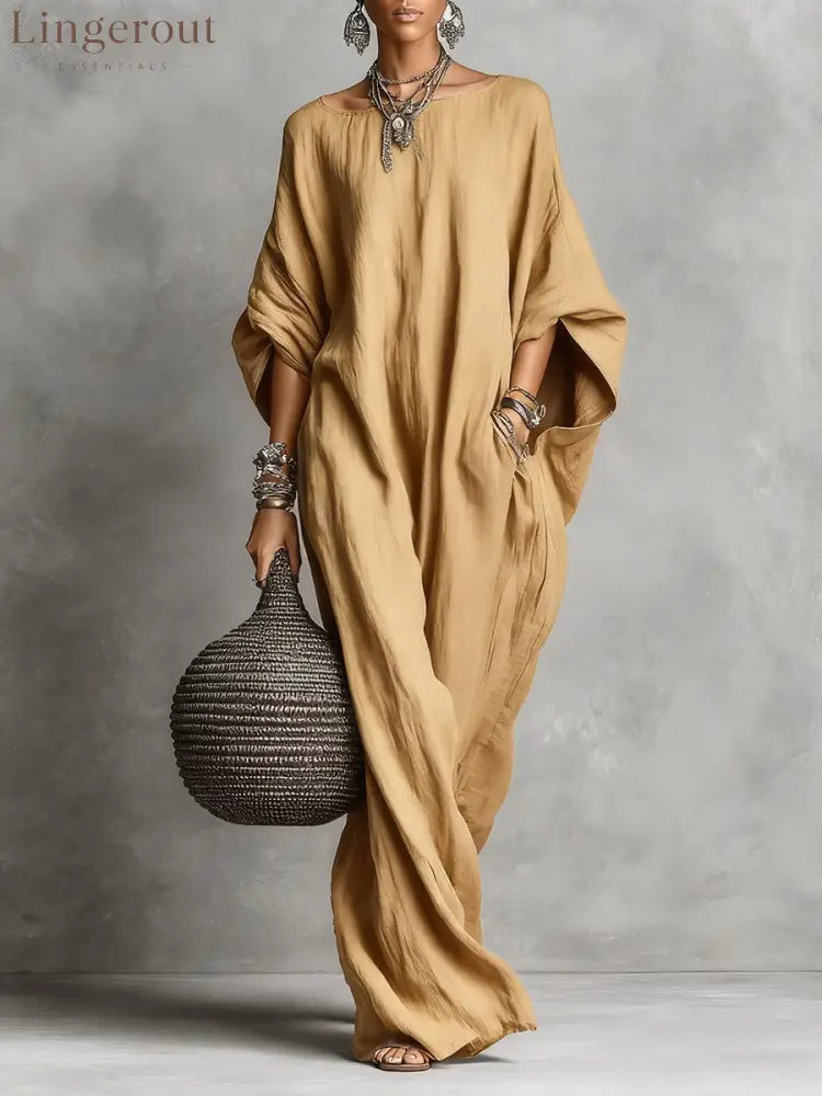 Oversized Linen Maxi Kaftan Dress - Khaki / S