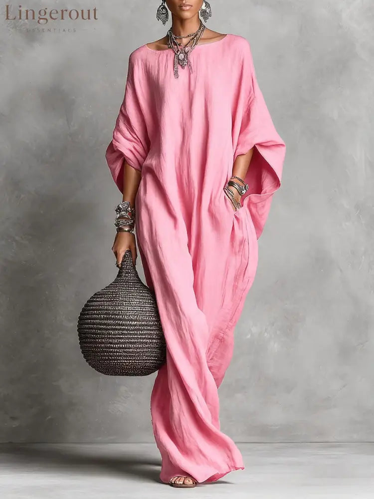 Oversized Linen Maxi Kaftan Dress - Pink / S