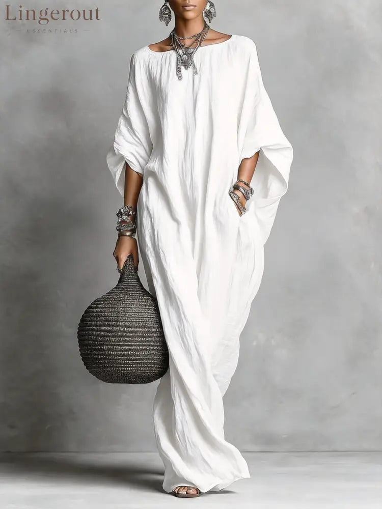Oversized Linen Maxi Kaftan Dress - White / S