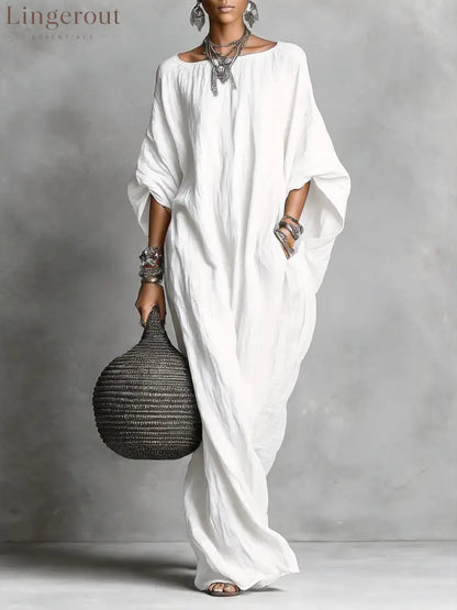 Oversized Linen Maxi Kaftan Dress - White / S