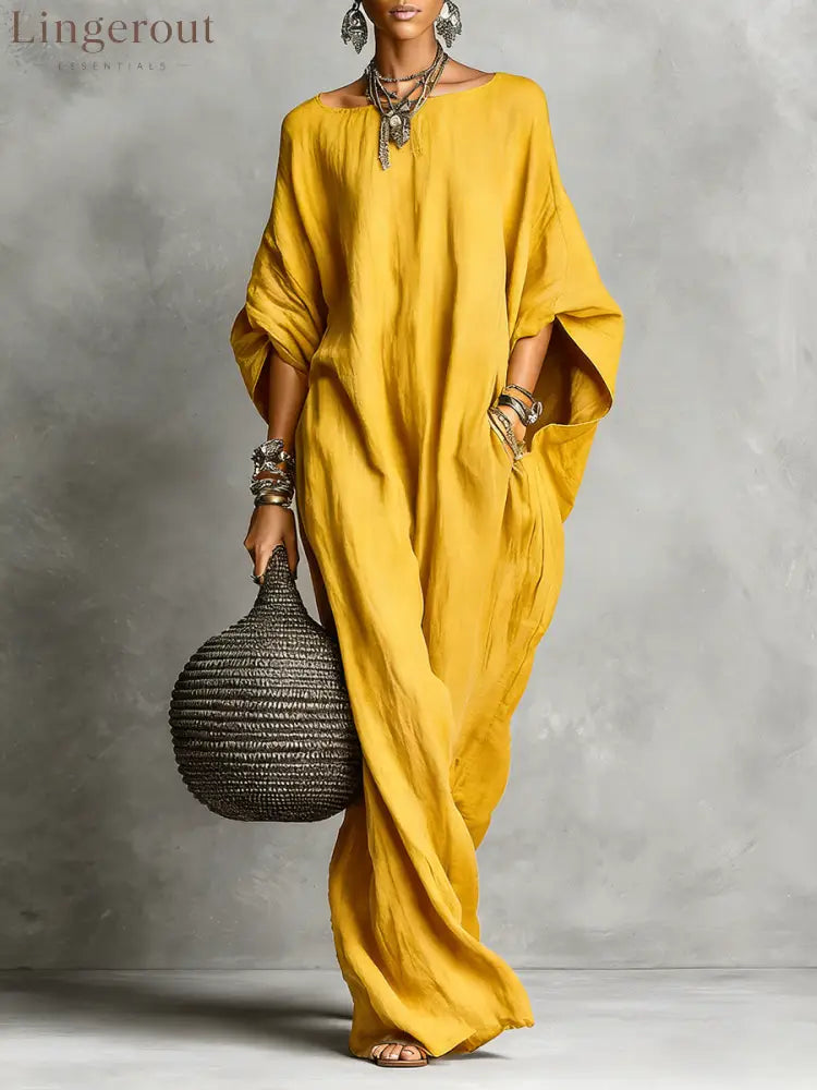 Oversized Linen Maxi Kaftan Dress - Yellow / S