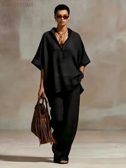 Oversized Relaxed Two Piece Linen Feel Matching Set - Black / S