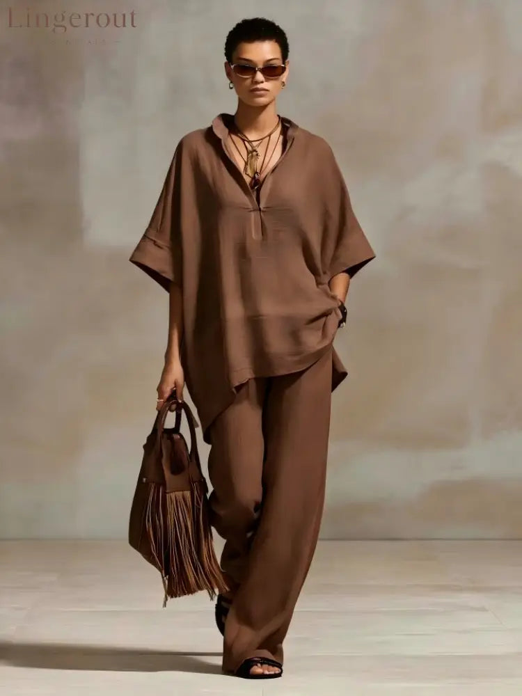 Oversized Relaxed Two Piece Linen Feel Matching Set - Brown / S