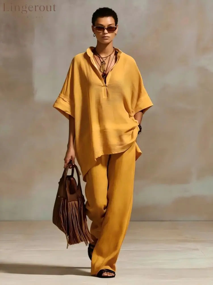 Oversized Relaxed Two Piece Linen Feel Matching Set - Ginger yellow / S