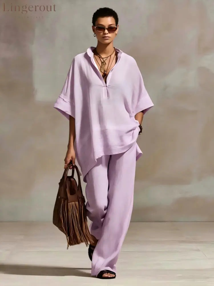 Oversized Relaxed Two Piece Linen Feel Matching Set - Light purple / S