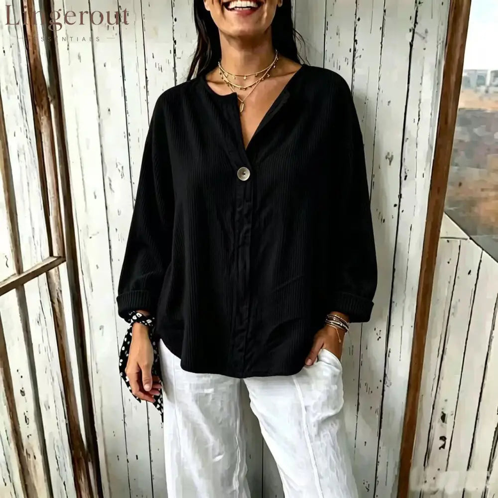 Oversized Ribbed Button-Front Top - Black / S