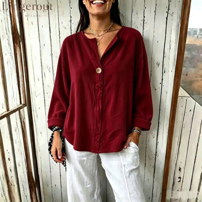 Oversized Ribbed Button-Front Top - Burgundy / S