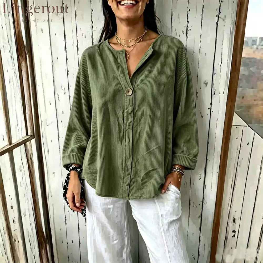 Oversized Ribbed Button-Front Top - Green / S