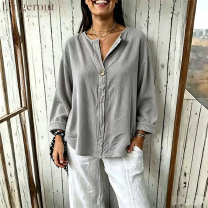 Oversized Ribbed Button-Front Top - Grey / S