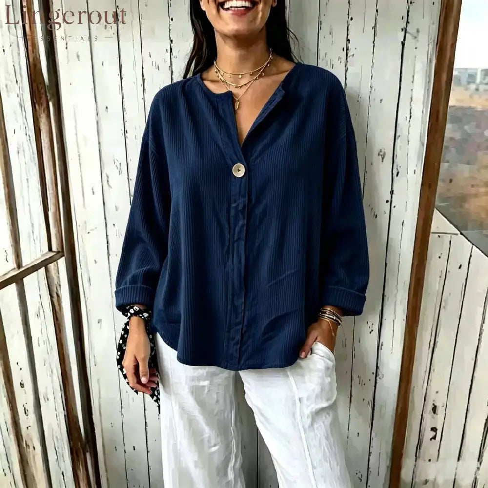 Oversized Ribbed Button-Front Top - Navy / S