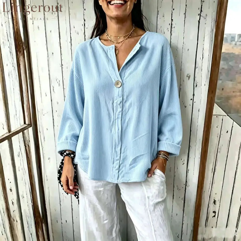Oversized Ribbed Button-Front Top - Sky blue / S