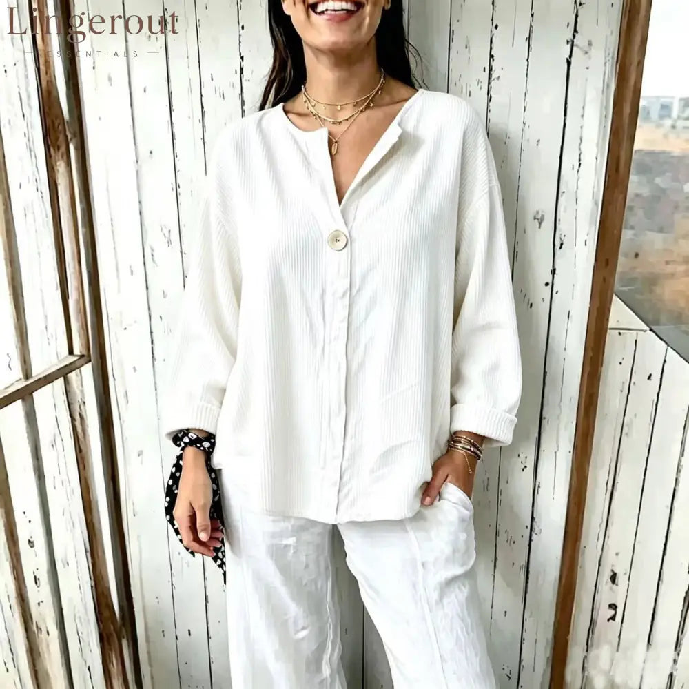 Oversized Ribbed Button-Front Top - White / S