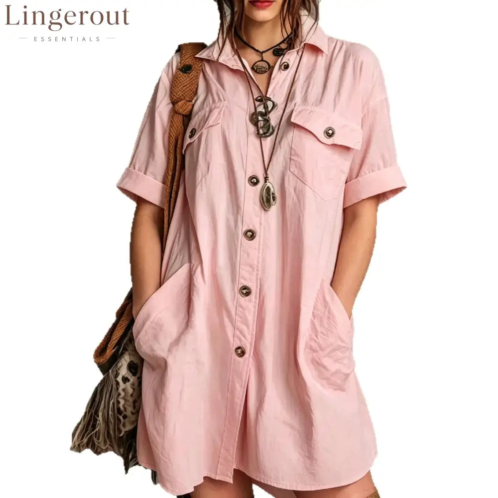 Oversized Short Sleeve Button Down Shirt Mini Dress with Pockets