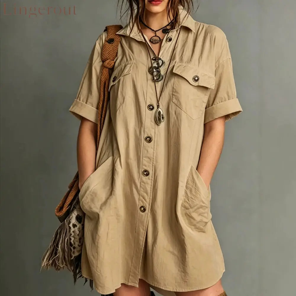 Oversized Short Sleeve Button Down Shirt Mini Dress with Pockets